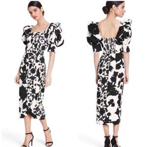 Christopher John Rogers black white floral puff sleeve dress NWT
